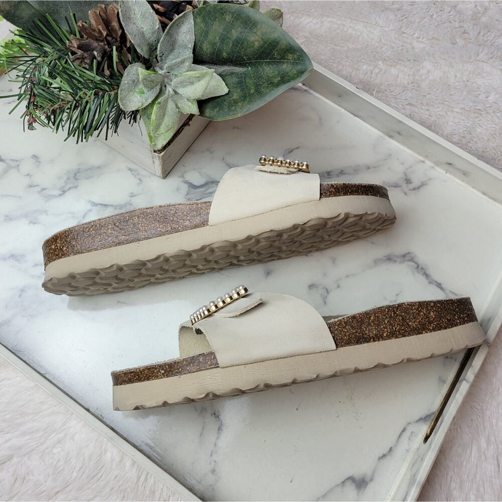 AUTENTI Beige Cream Pearl Buckle Leather Slide Comfort Sandal Size 41 - Picture 8 of 14